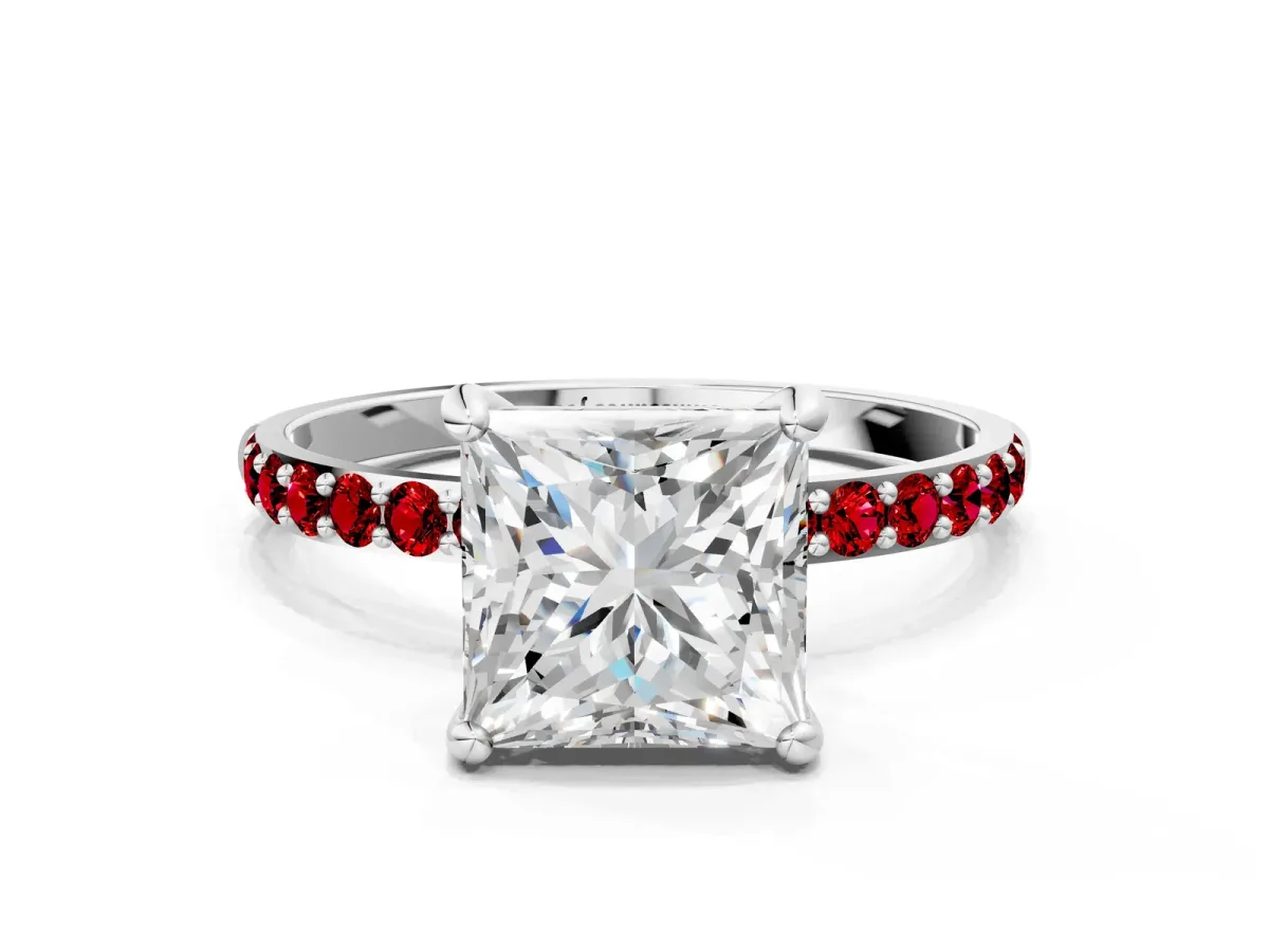 Princess Cut Diamond Solitaire Ring with Round Ruby Pavé Band and Prong Setting Platinum