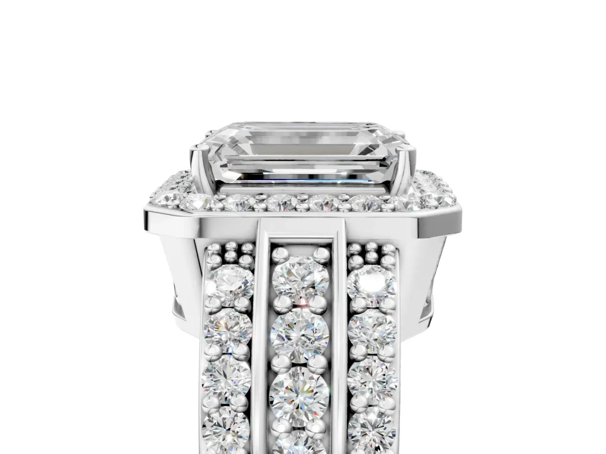 Emerald Cut Halo Diamond Ring with Round Split Shank and Prong Setting Silver