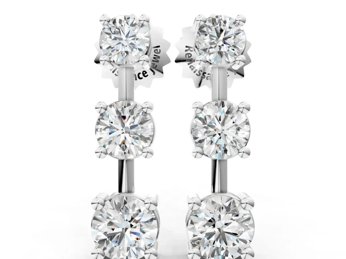 Three-Stone Round Cut Drop Earrings with Prong Setting White gold
