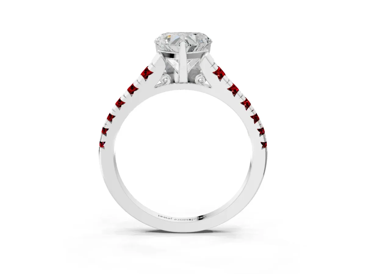 Heart Cut Diamond Cathedral Solitaire Ring with Round Ruby Pavé Band Silver