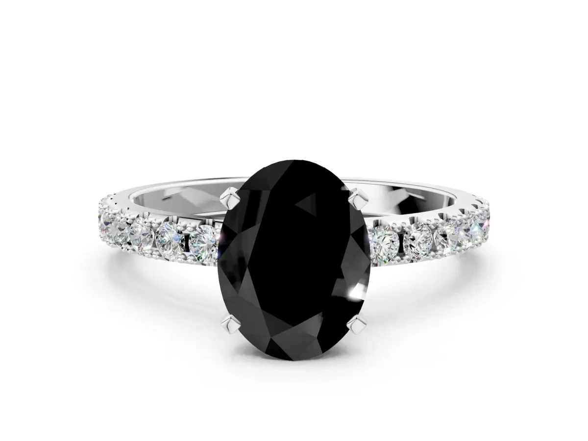 Fancy Black Oval Cut Diamond Solitaire Pavé Band with Four-Prong Setting Silver
