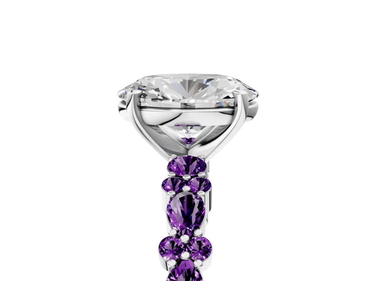 Oval Cut Diamond Side Stone Solitaire Ring with Round Amethyst and Four-Prong Setting Silver