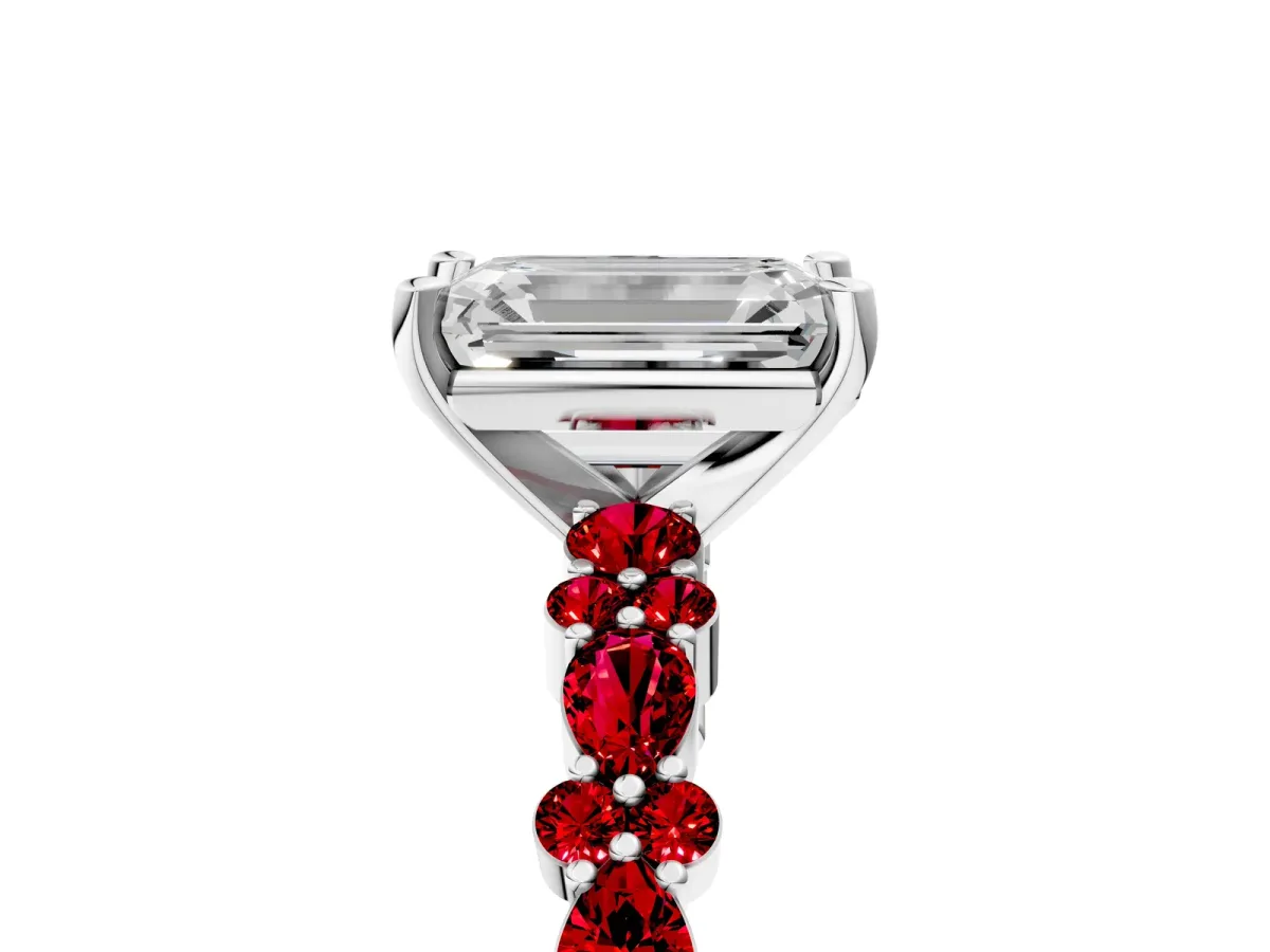 Emerald Cut Diamond Side Stone Solitaire Ring with Round Ruby and Four-Prong Setting Silver