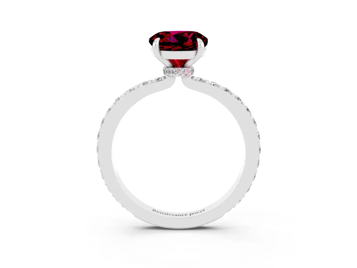 Round Cut Garnet Solitaire Engagement Ring with Pavé Band and Four-Prong Setting Platinum