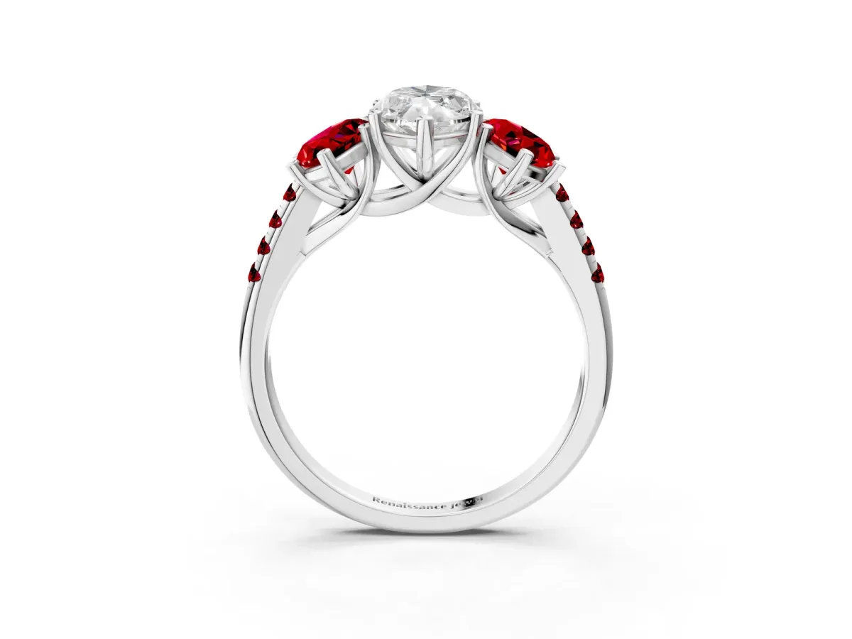 Three-Stone Marquise Cut Diamond Ring with Round Ruby Pavé Band and Prong Setting Platinum