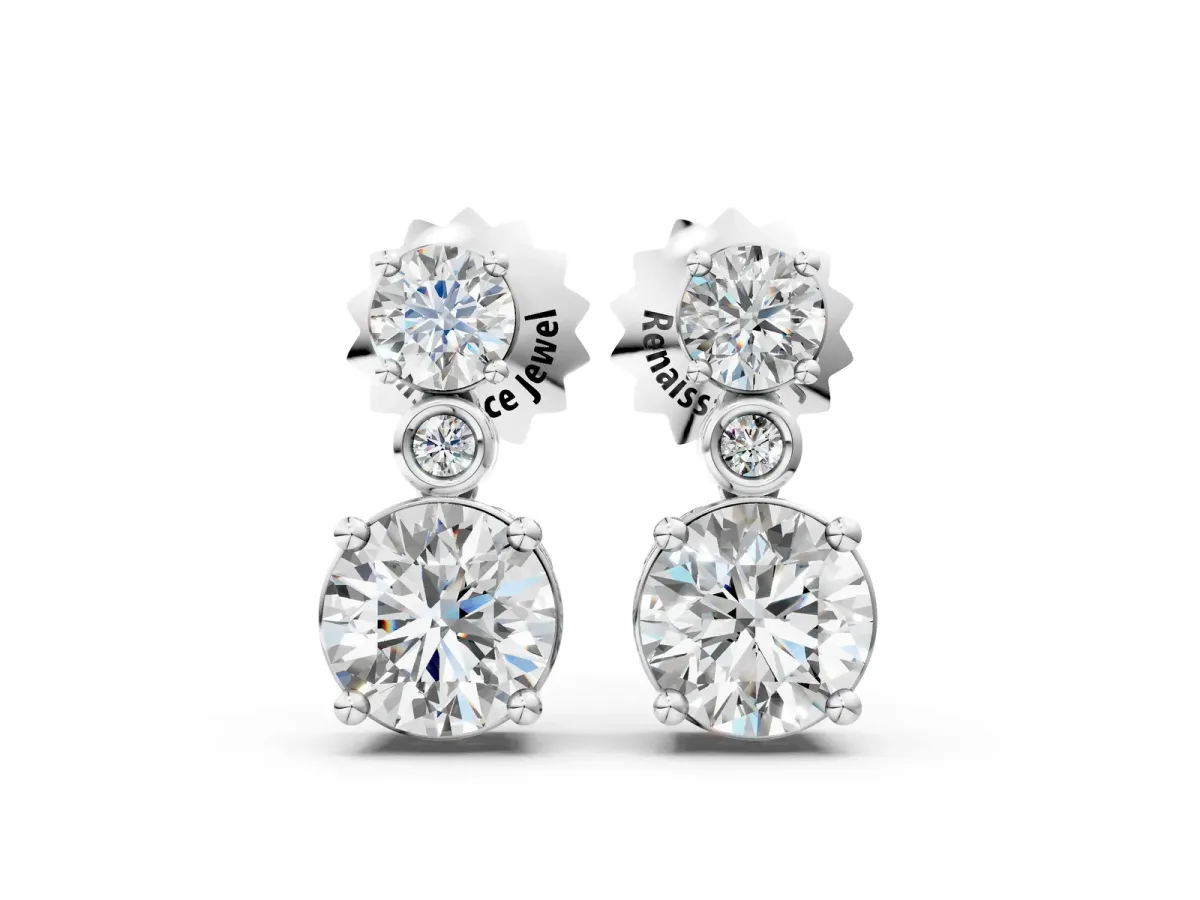 Round Diamond Two Stone Drop Earrings with Bezel Diamond Accent White gold