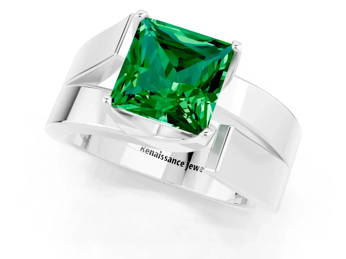Modern Tension Set Princess Cut Emerald Solitaire Wide Band Ring Silver