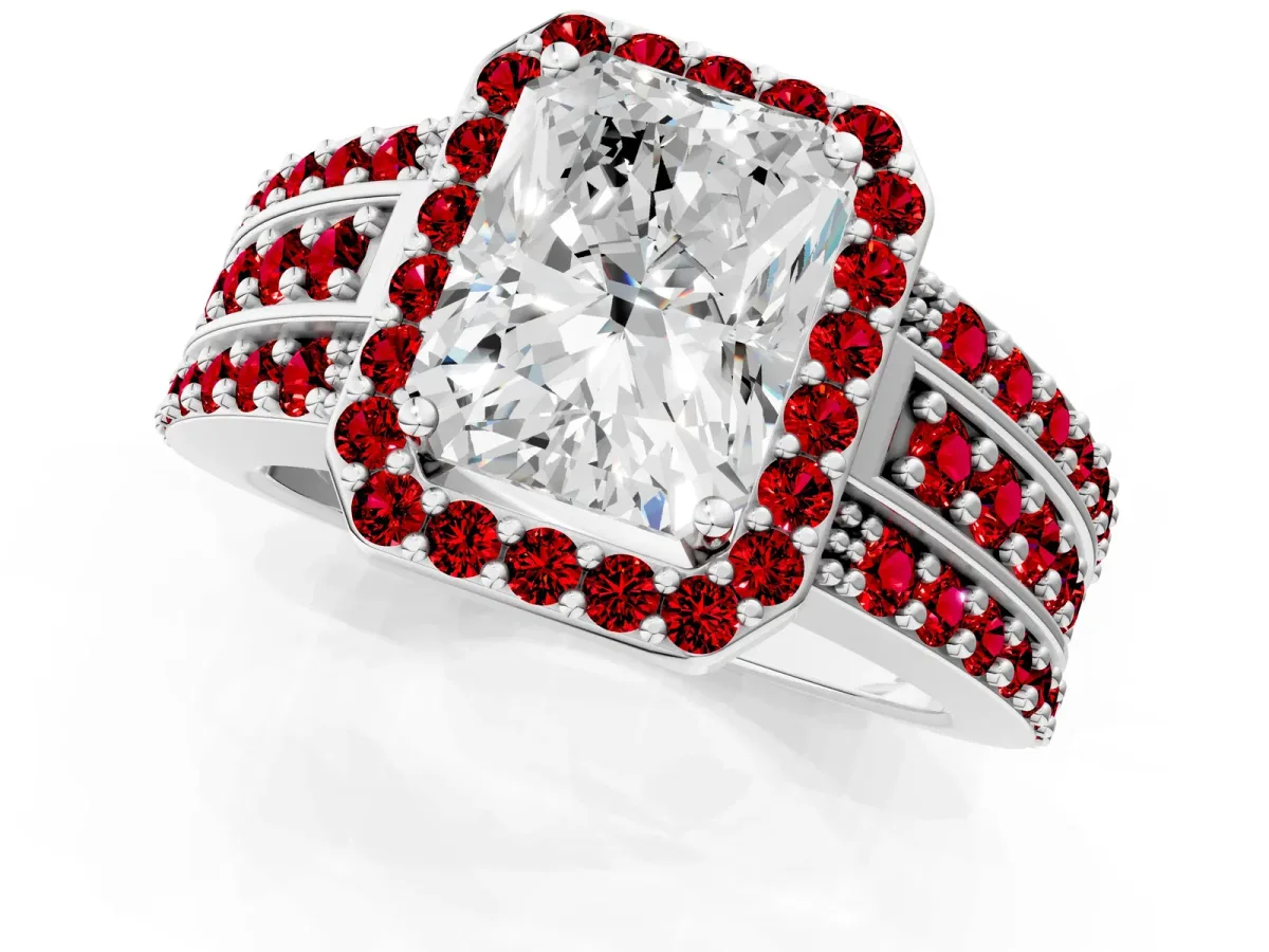 Radiant Cut Halo Diamond Ring with Round Ruby Split Shank and Prong Setting White gold