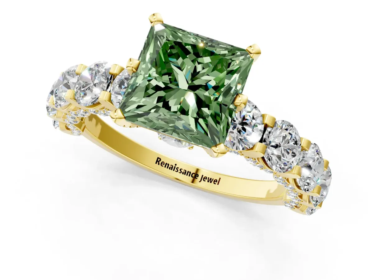 Fancy Green Princess Cut Diamond Side Stone Engagement Ring with Four-Prong Setting Yellow gold