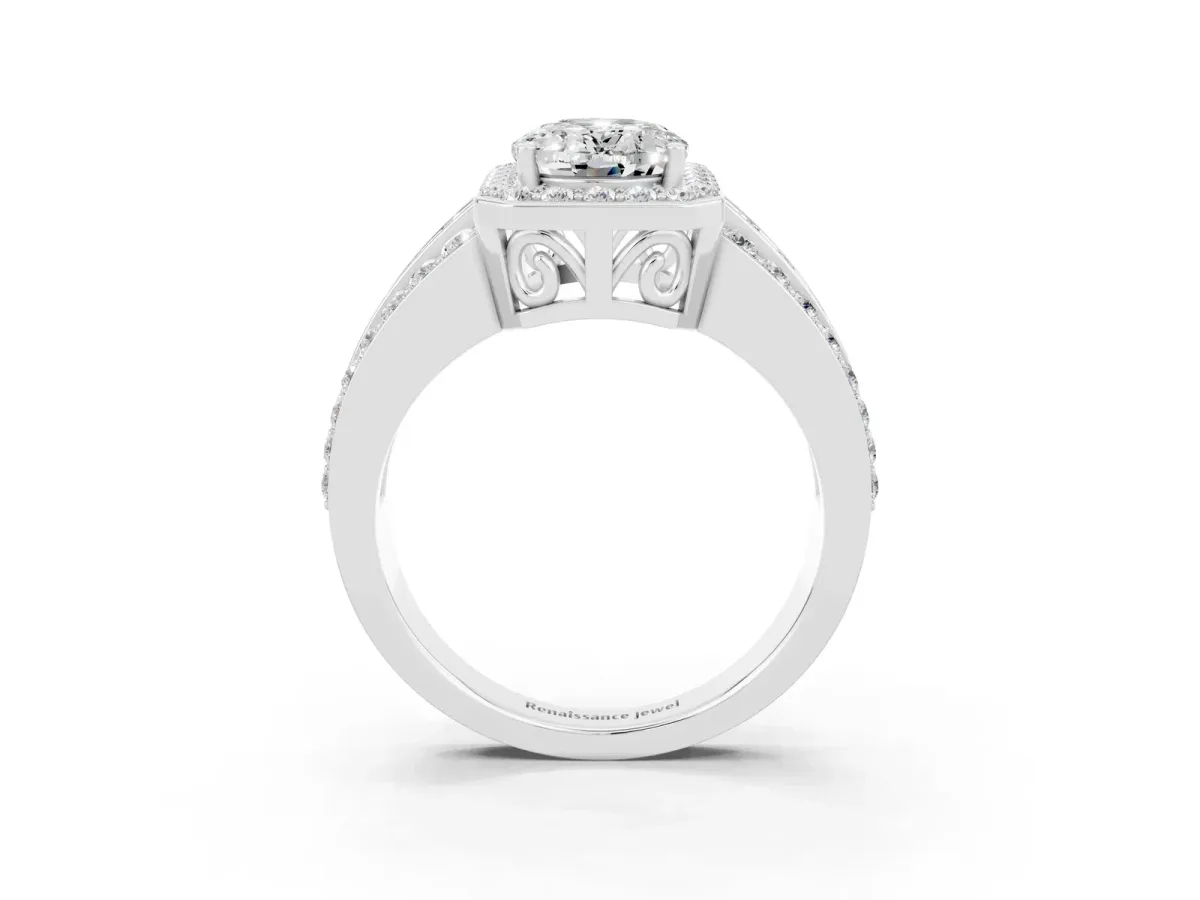 Oval Cut Halo Moissanite Ring with Round Split Shank and Prong Setting Silver