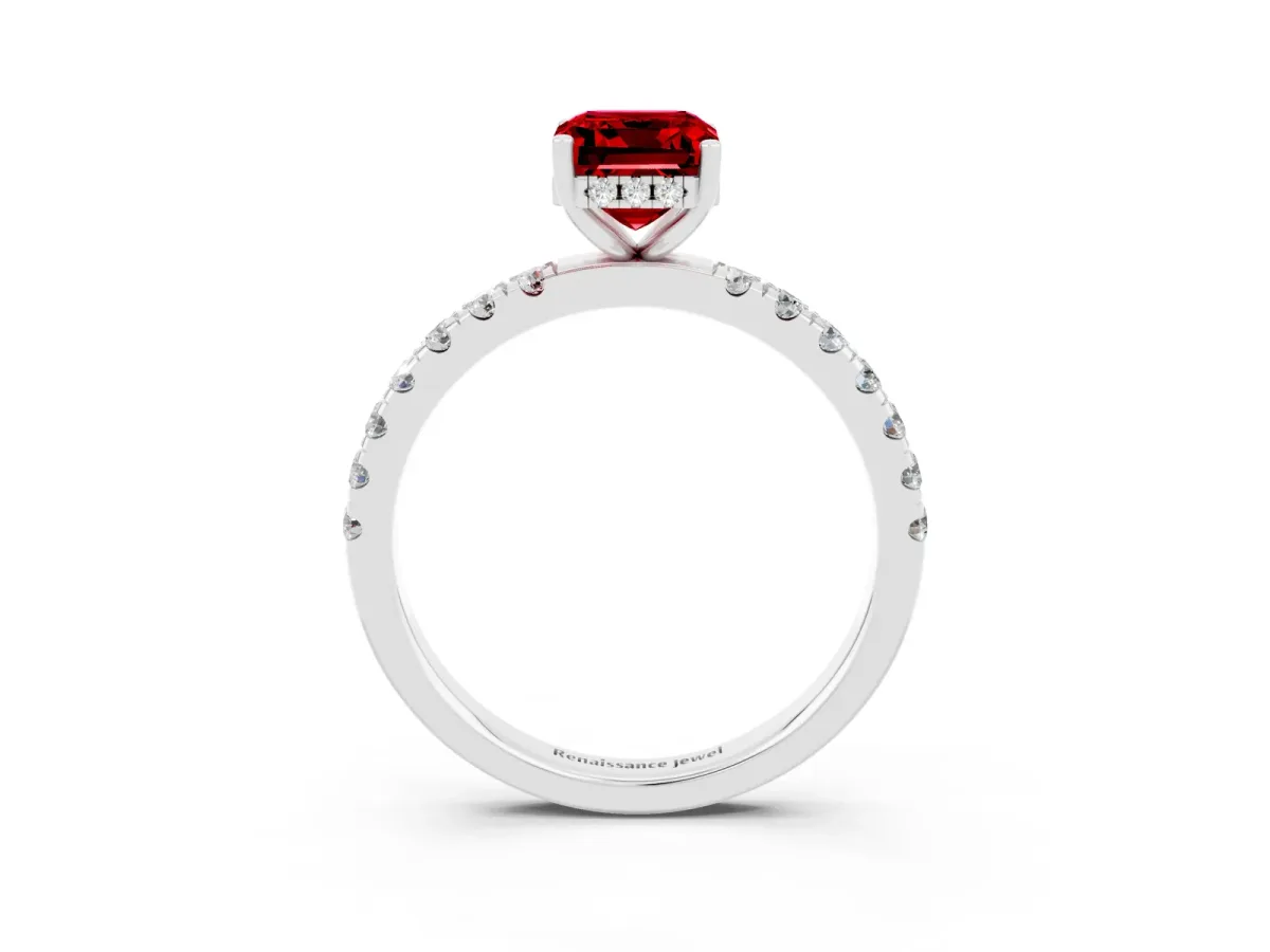 Emerald Cut Ruby Pave Band Solitaire Ring with Round and Prong Setting Platinum