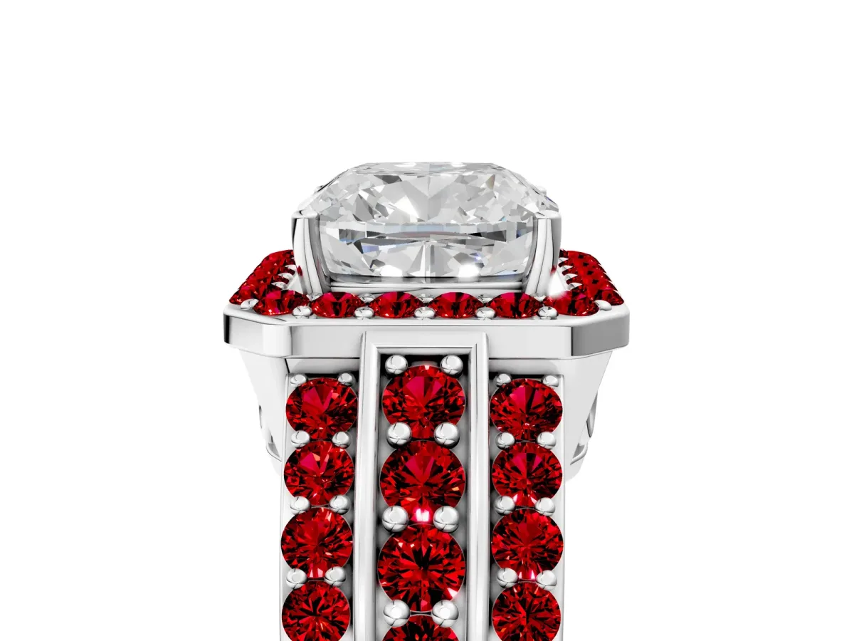 Cushion Cut Halo Diamond Ring with Round Ruby Split Shank and Prong Setting White gold