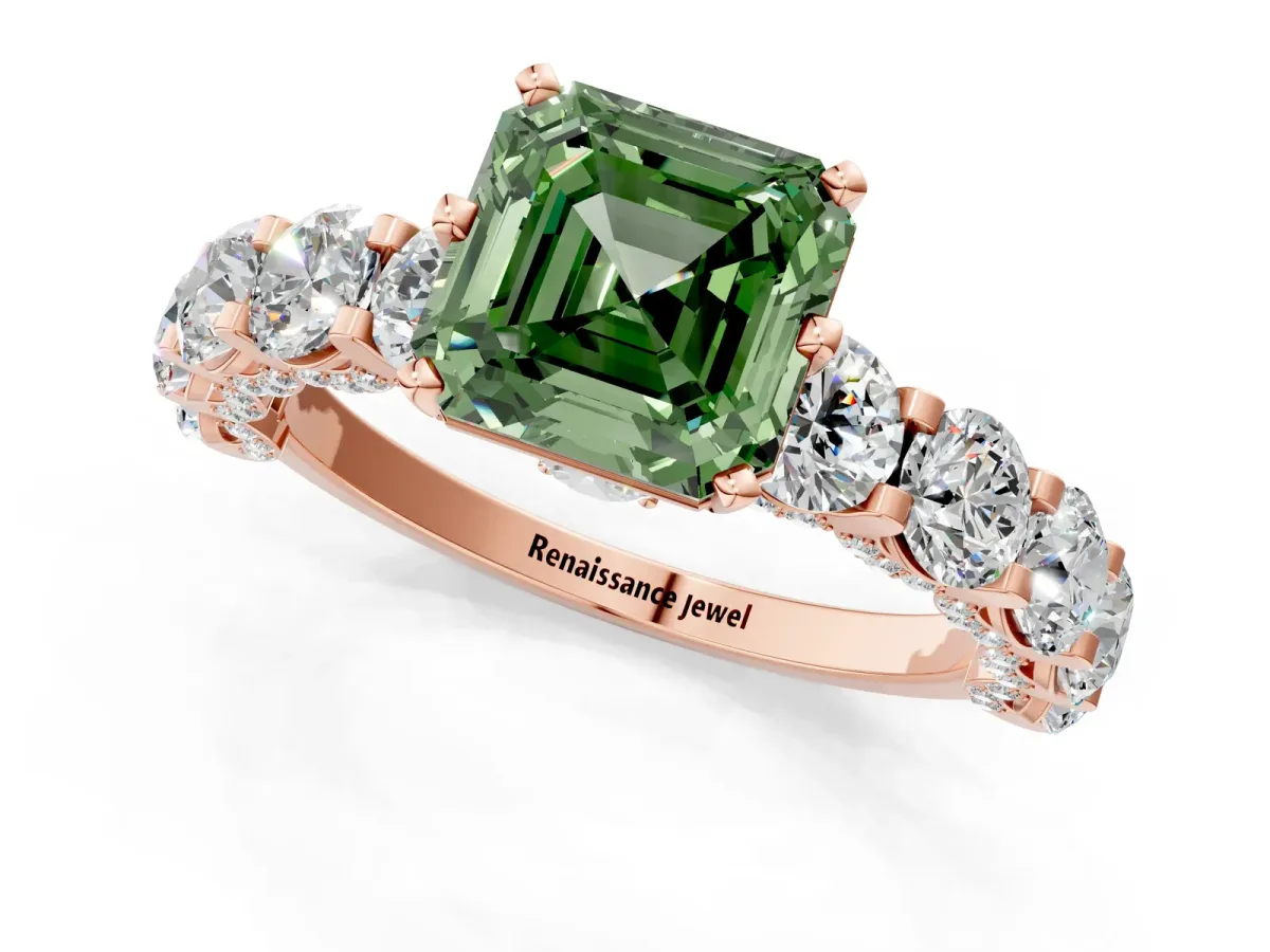 Fancy Green Asscher Cut Diamond Side Stone Engagement Ring with Four-Prong Setting Rose gold