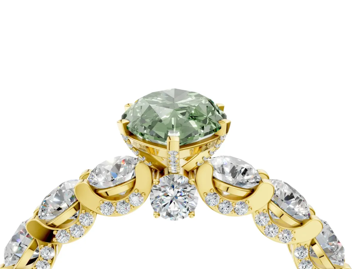 Fancy Green Marquise Cut Diamond Side Stone Engagement Ring with Four-Prong Setting Yellow gold