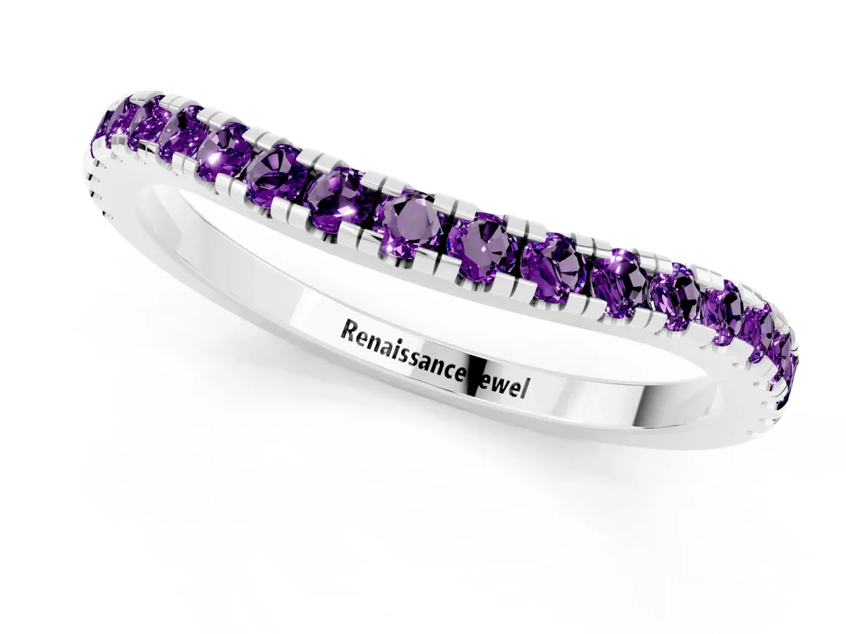 Round Amethyst Pavé Half Eternity Band with Shared Prong Setting Silver