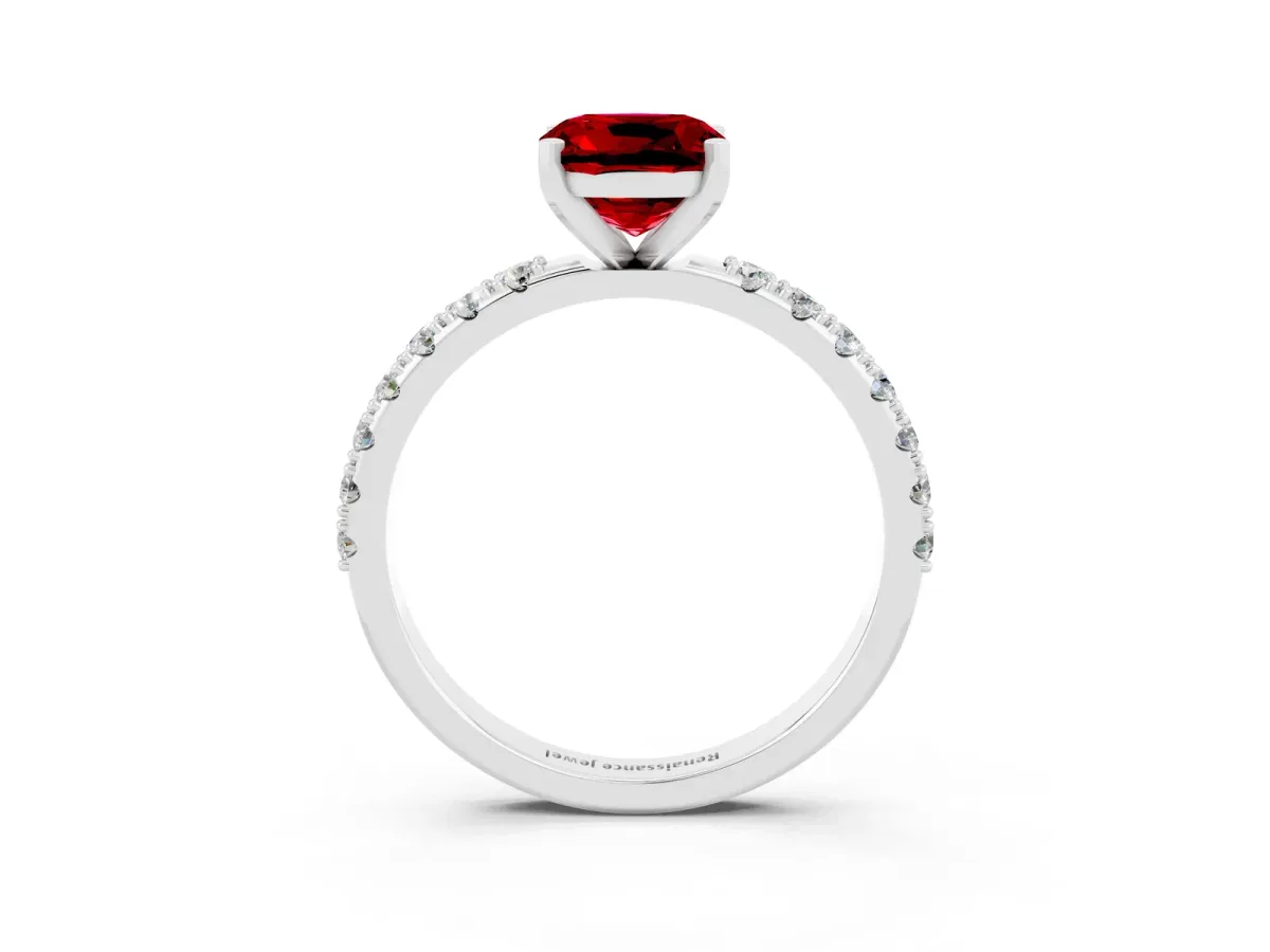 Cushion Cut Ruby Solitaire Pavé Band with Four-Prong Setting Platinum