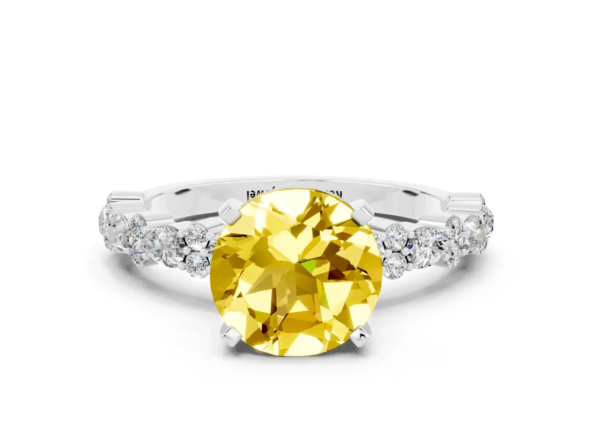 Round Cut Yellow Sapphire Side Stone Solitaire Ring with Round and Four-Prong Setting Silver