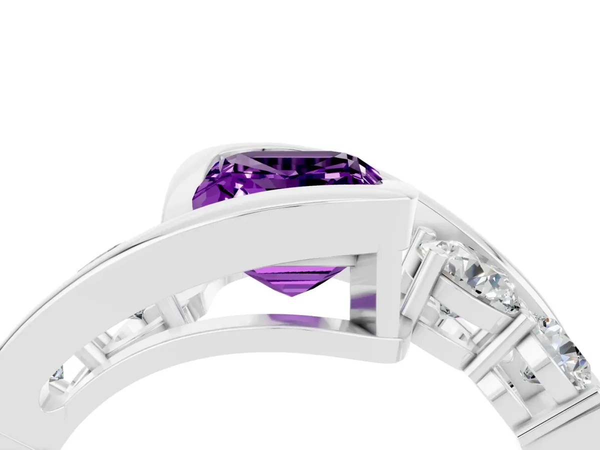 Bezel Set Emerald Cut Amethyst Bypass Ring with Round Accents Silver