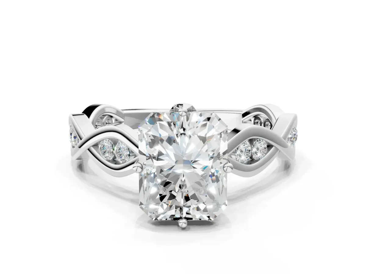 Radiant Cut Solitaire Twist Band with Leaf Prong Setting Platinum