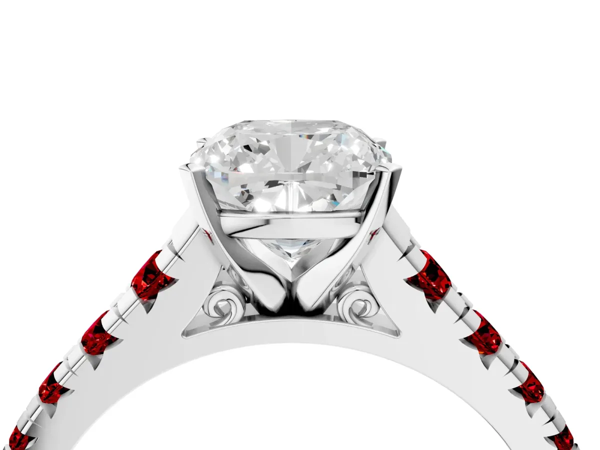 Cushion Cut Diamond Cathedral Solitaire Ring with Round Ruby Pavé Band Platinum