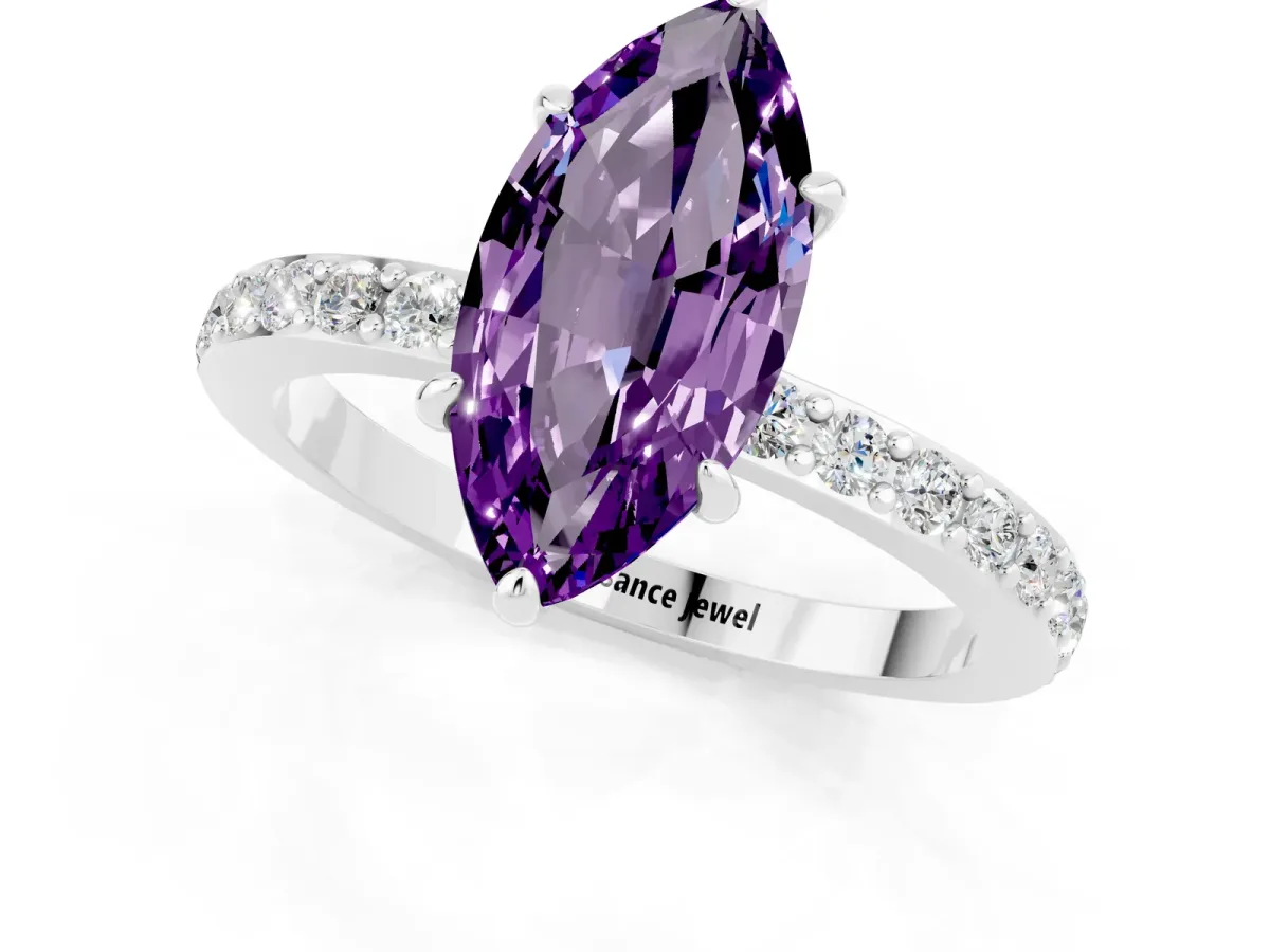 Marquise Cut Amethyst Solitaire Engagement Ring with Pavé Band and Four-Prong Setting White gold