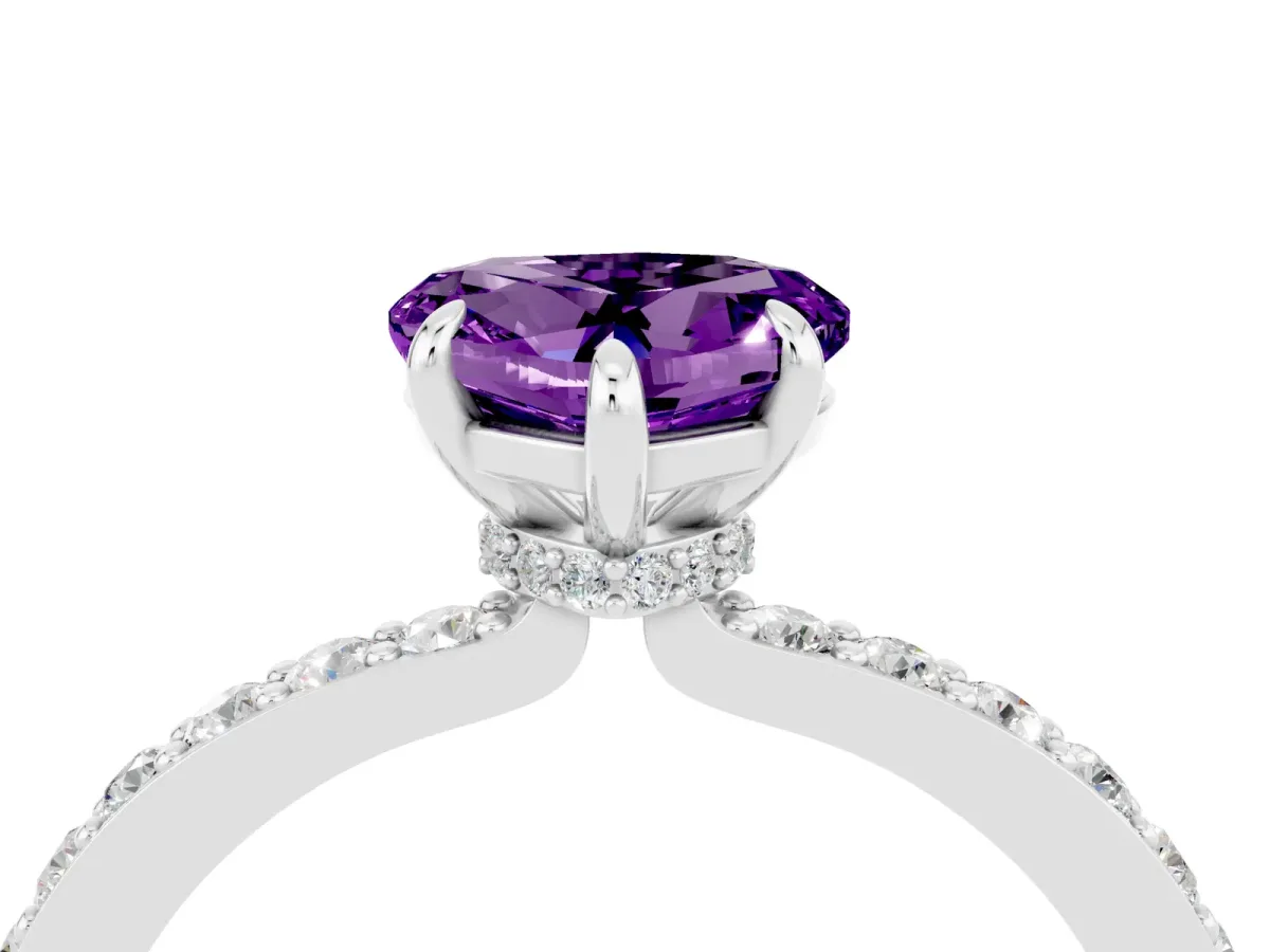 Heart Cut Amethyst Solitaire Engagement Ring with Pavé Band and Four-Prong Setting Platinum