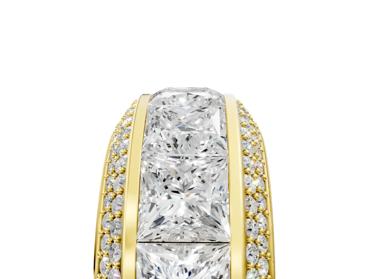 Princess Diamond Pavé Mens Wedding Band with Round Diamond Accents Yellow gold