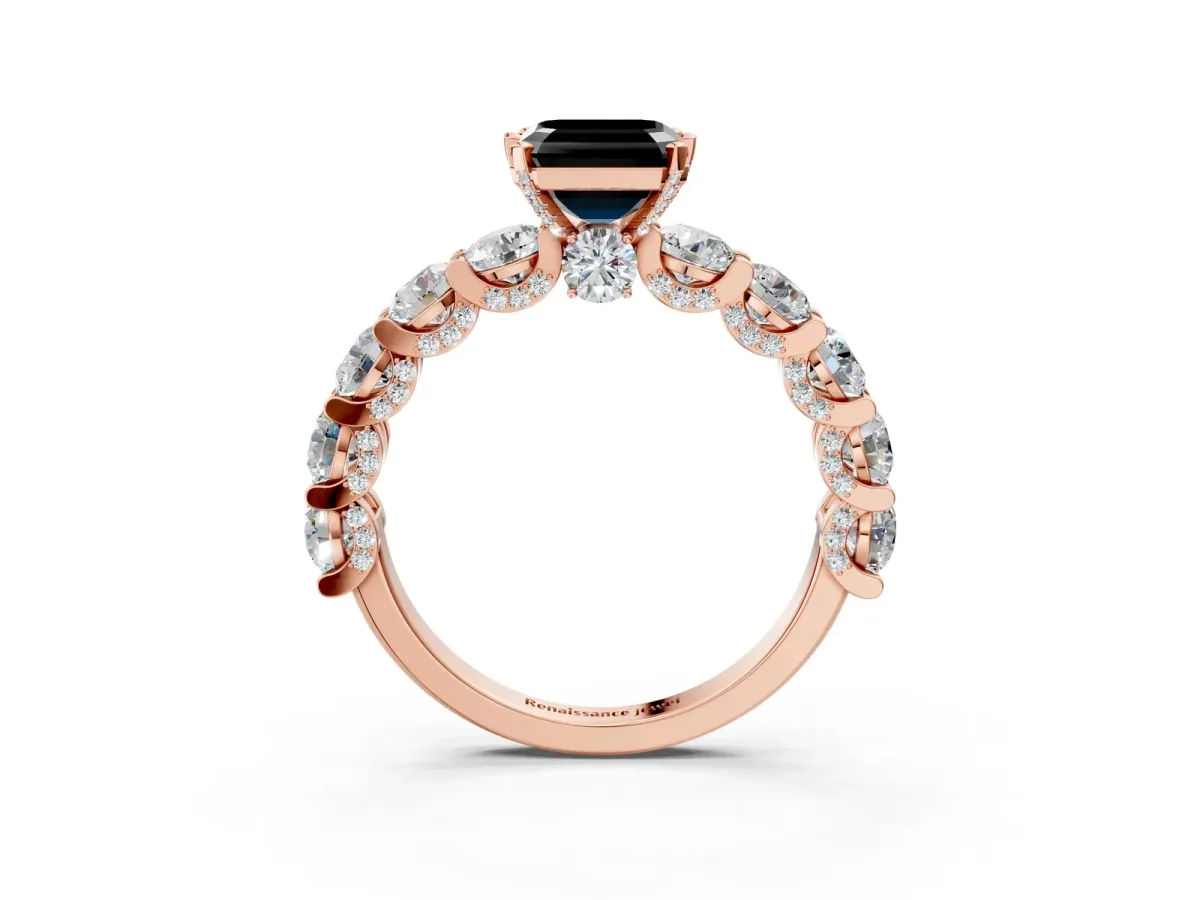 Fancy Black Asscher Cut Diamond Side Stone Engagement Ring with Four-Prong Setting Rose gold