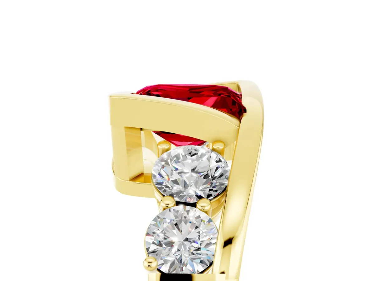 Bezel Set Princess Cut Ruby Bypass Ring with Round Accents Yellow gold