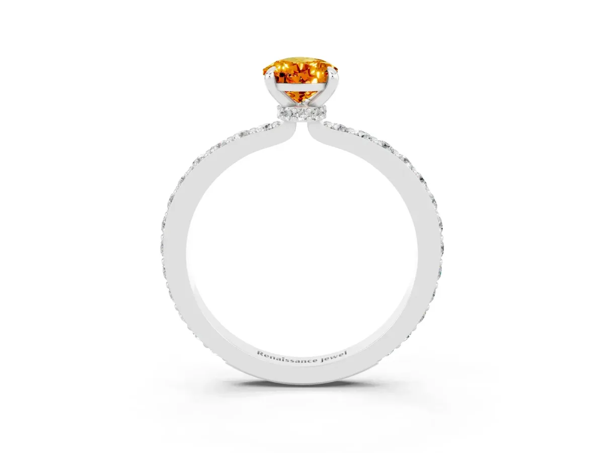 Pear Cut Citrine Solitaire Engagement Ring with Pavé Band and Four-Prong Setting White gold