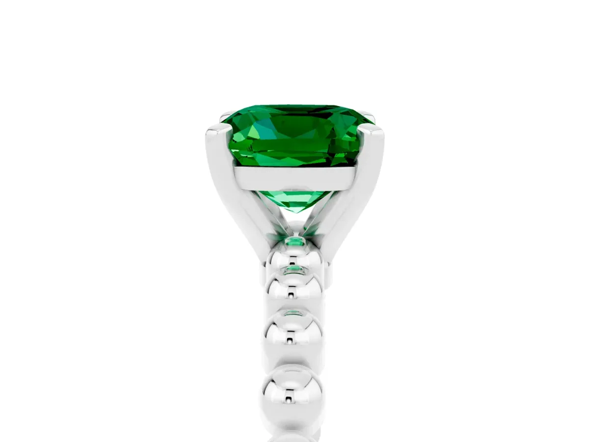 Cushion Cut Emerald Solitaire Ring with Beaded Band and Prong Setting Silver