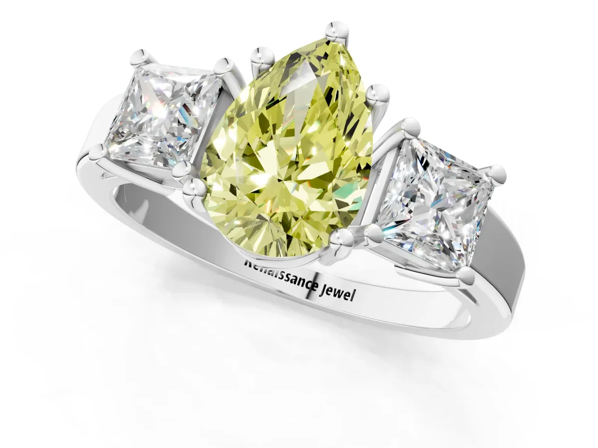Fancy Yellow Three-Stone Pear Cut Cut Solitaire Ring with Prong Setting White gold