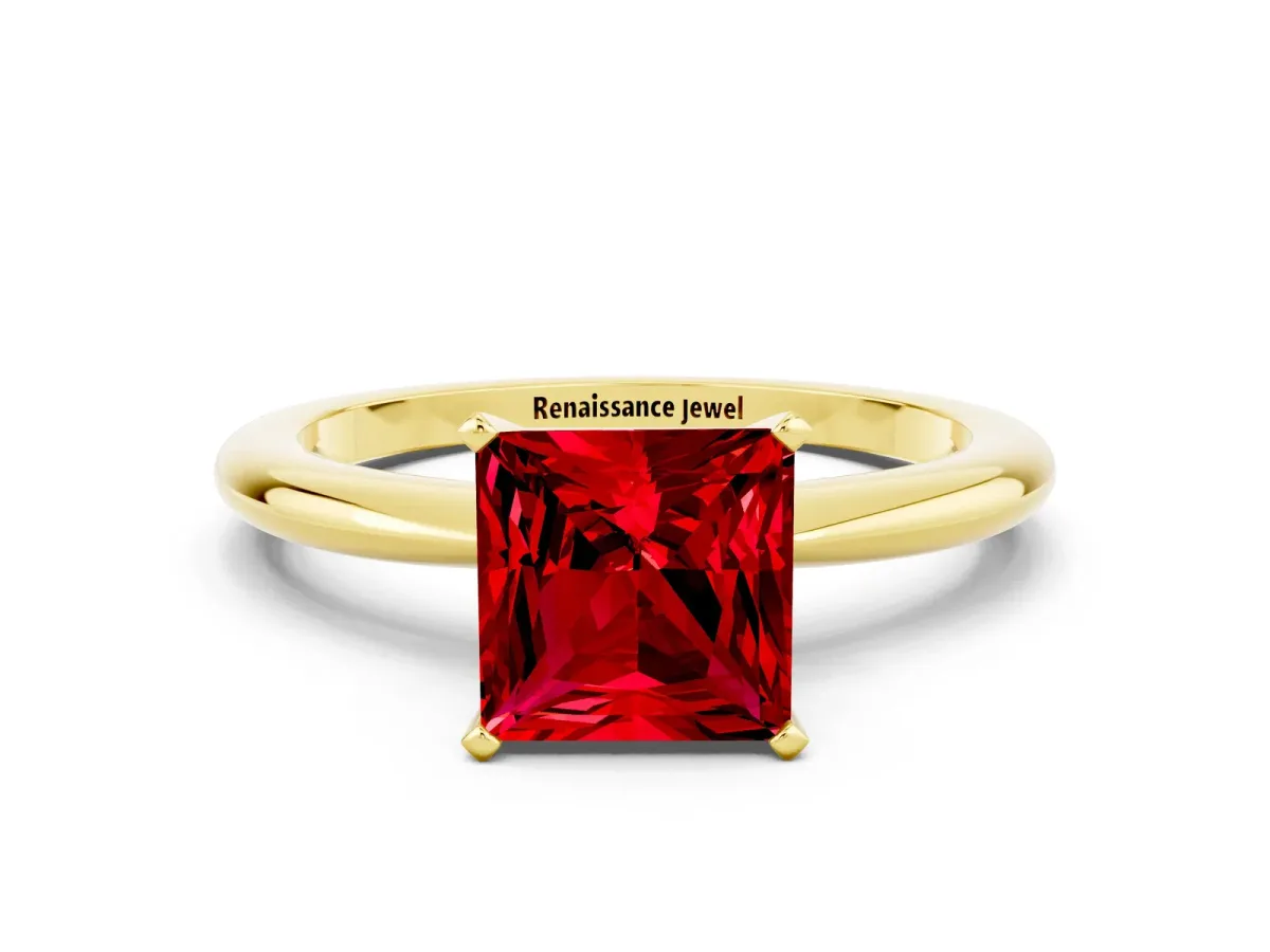 Princess Cut Ruby Solitaire Ring with Six-Prong Setting and Classic Band Yellow gold