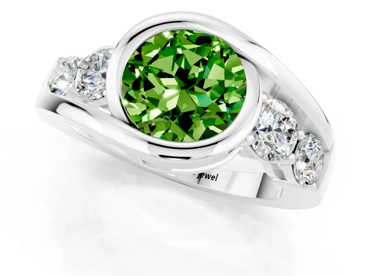Bezel Set Round Cut Peridot Bypass Ring with Round Accents Silver