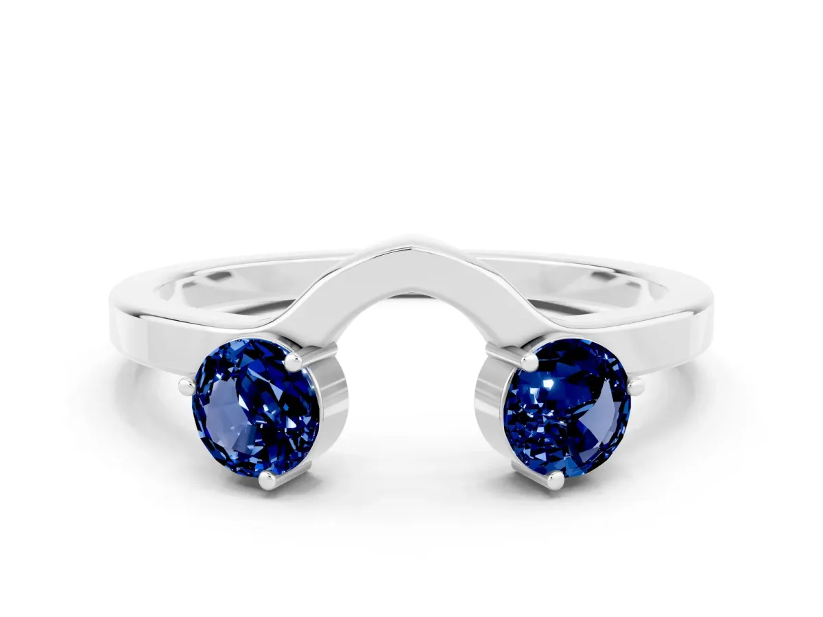 Dual Round Blue Sapphire Open Band Ring with Prong Setting Silver