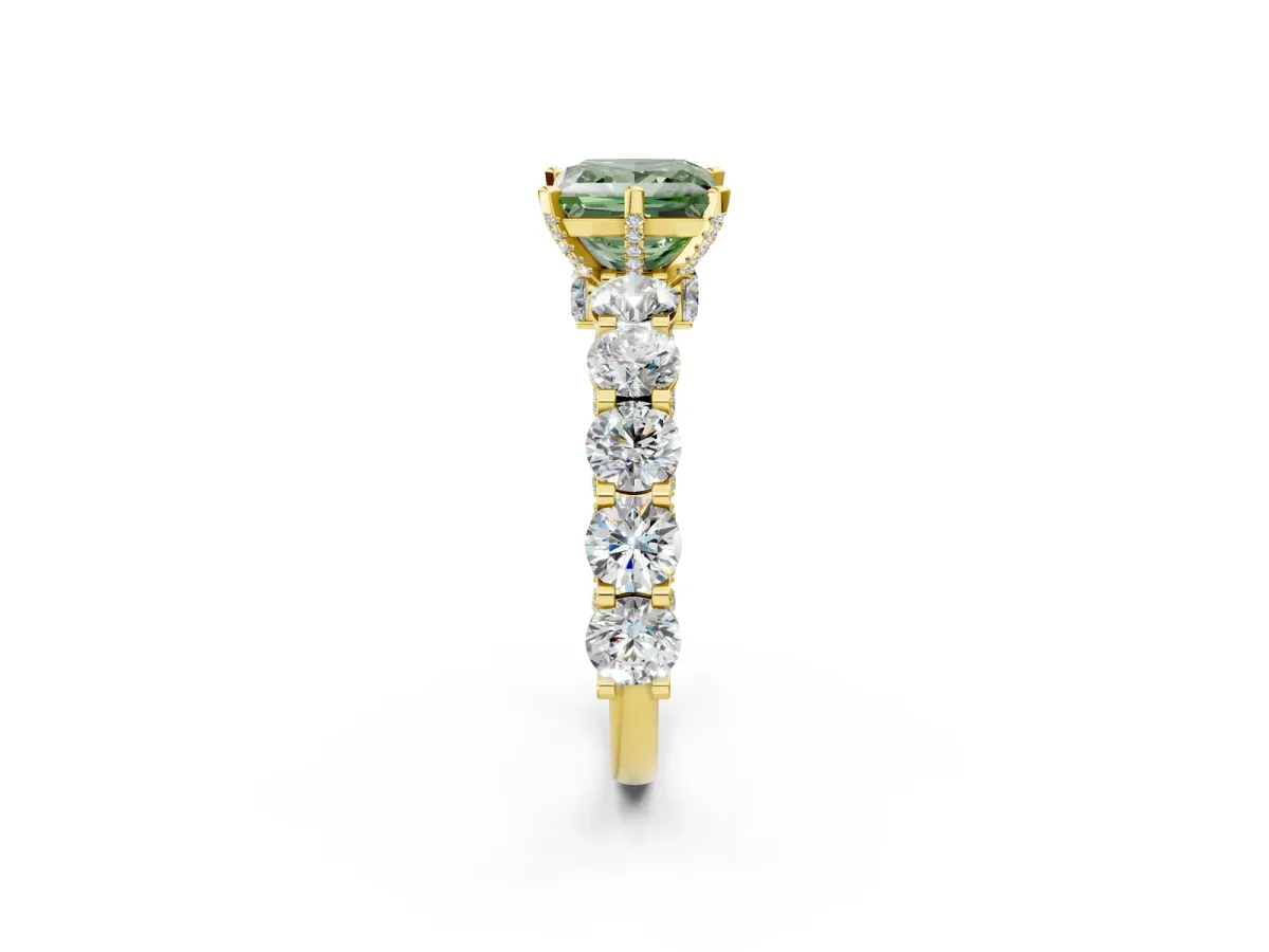 Fancy Green Princess Cut Diamond Side Stone Engagement Ring with Four-Prong Setting Yellow gold