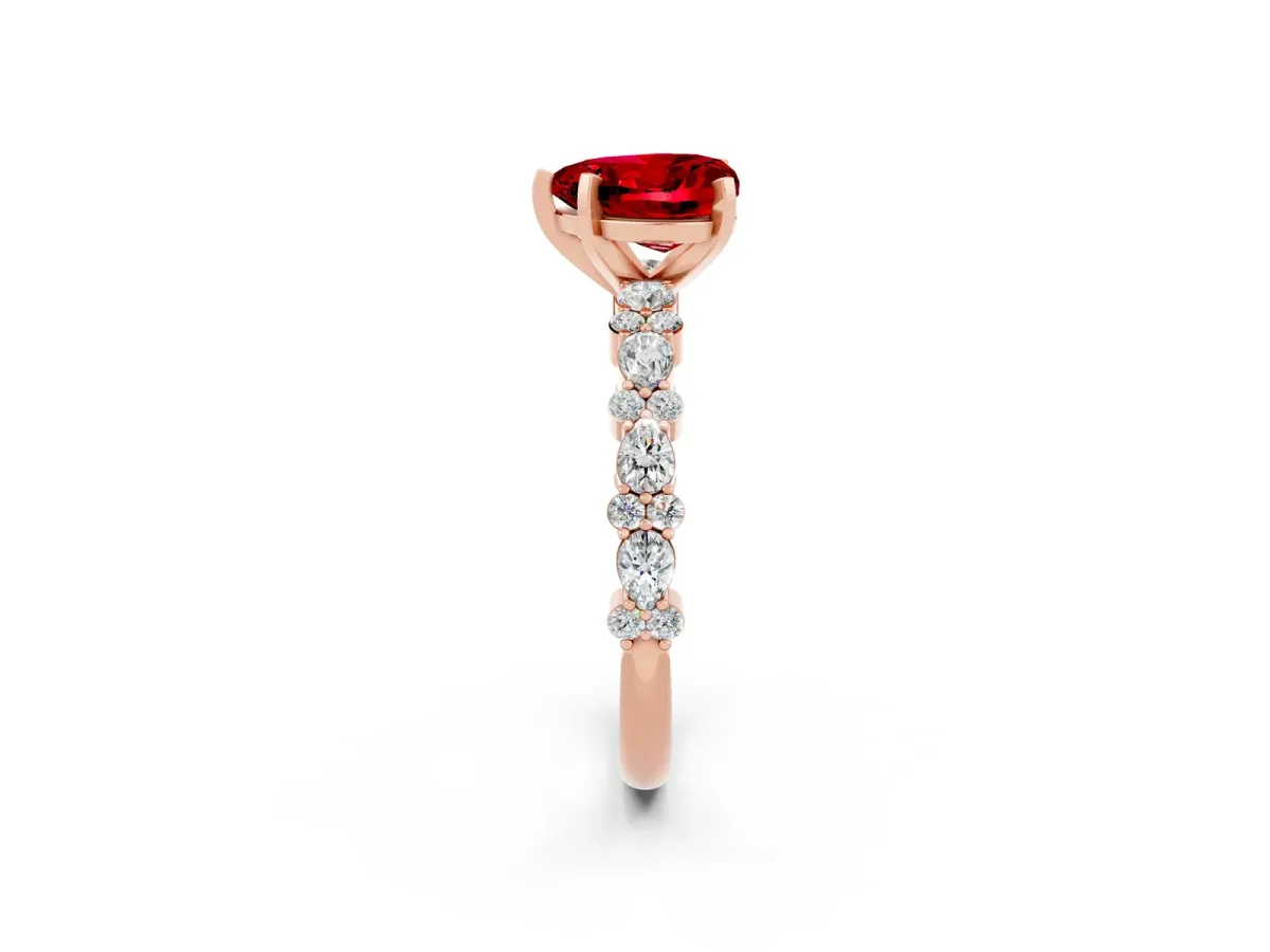 Heart Cut Ruby Side Stone Solitaire Ring with Round and Four-Prong Setting Rose gold