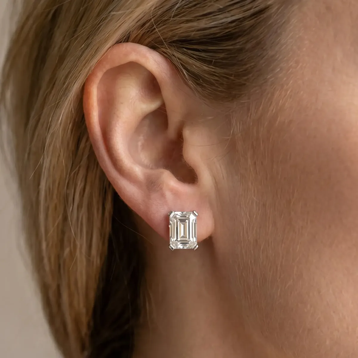 Emerald Cut Diamond Stud Earrings White gold