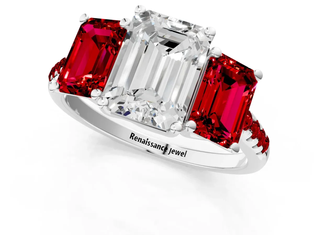 Three-Stone Emerald Cut Diamond Ring with Round Ruby Pavé Band and Prong Setting Silver