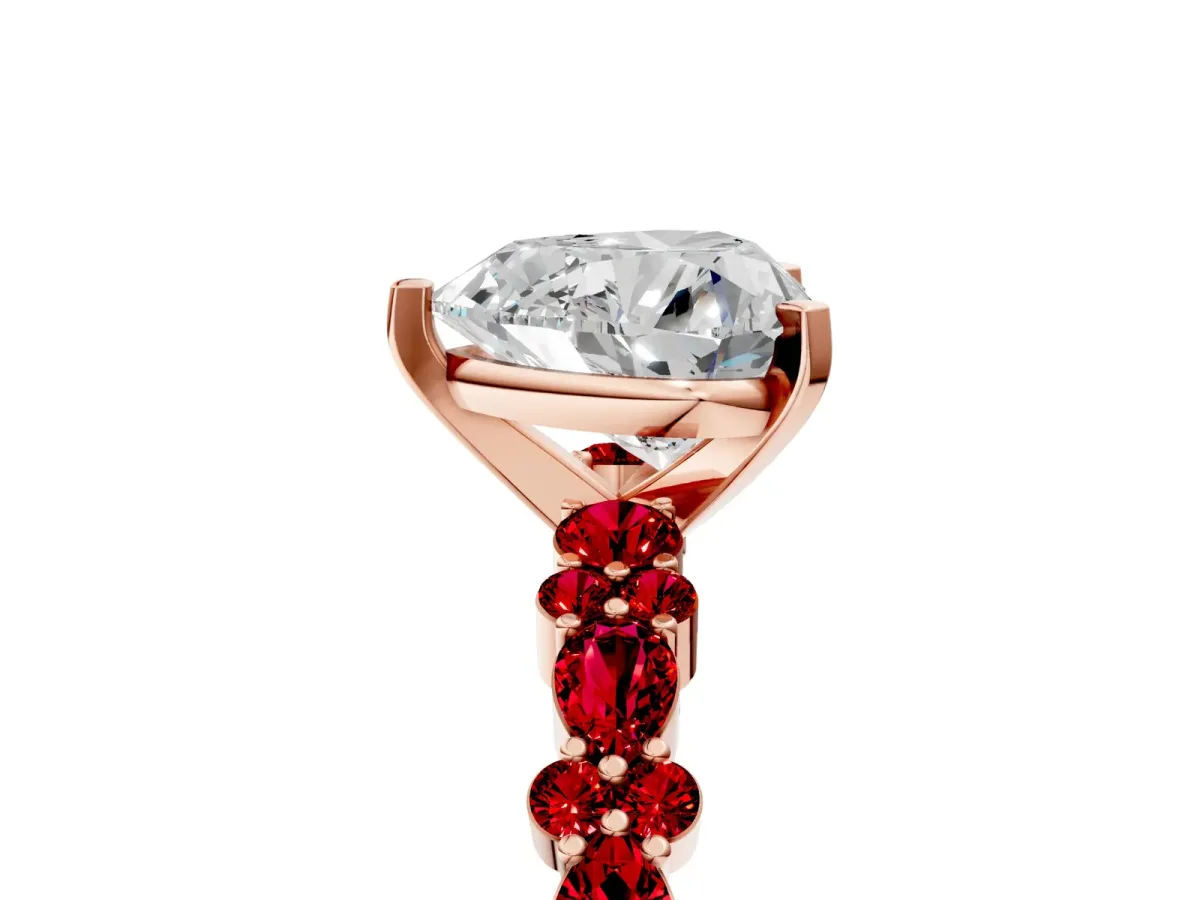 Heart Cut Diamond Side Stone Solitaire Ring with Round Ruby and Four-Prong Setting Rose gold