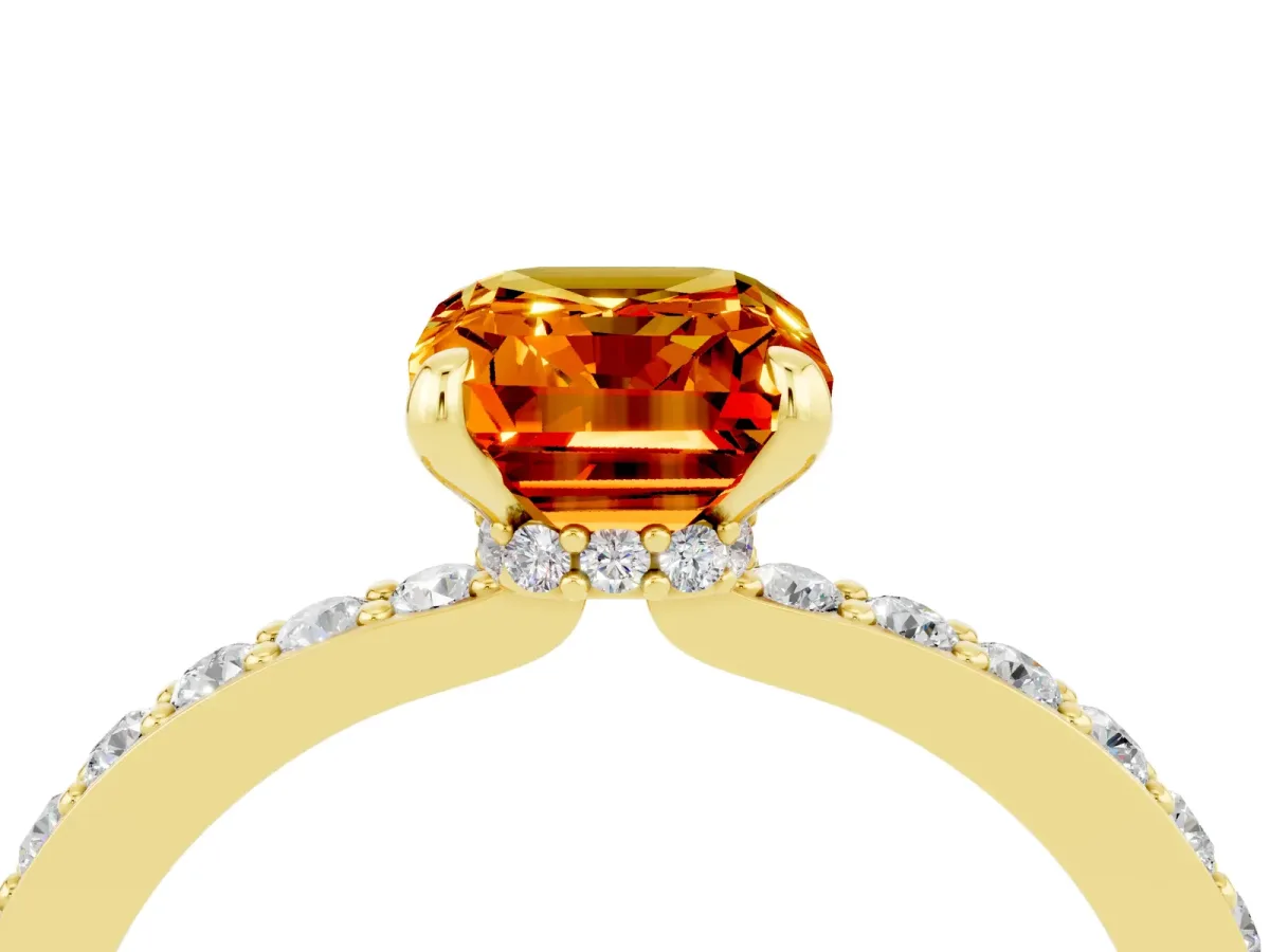 Emerald Cut Citrine Solitaire Engagement Ring with Pavé Band and Four-Prong Setting Yellow gold