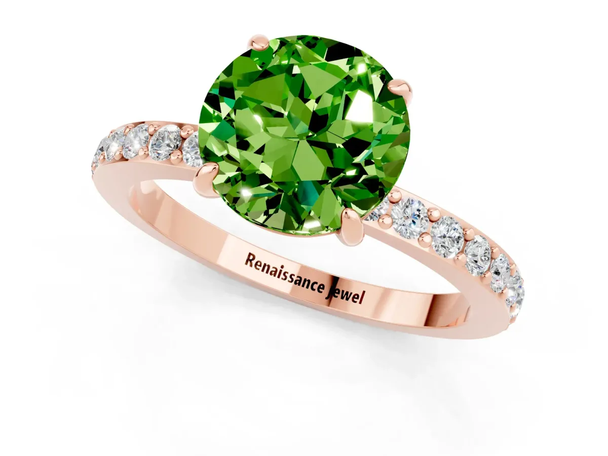 Round Cut Peridot Solitaire Engagement Ring with Pavé Band and Four-Prong Setting Rose gold