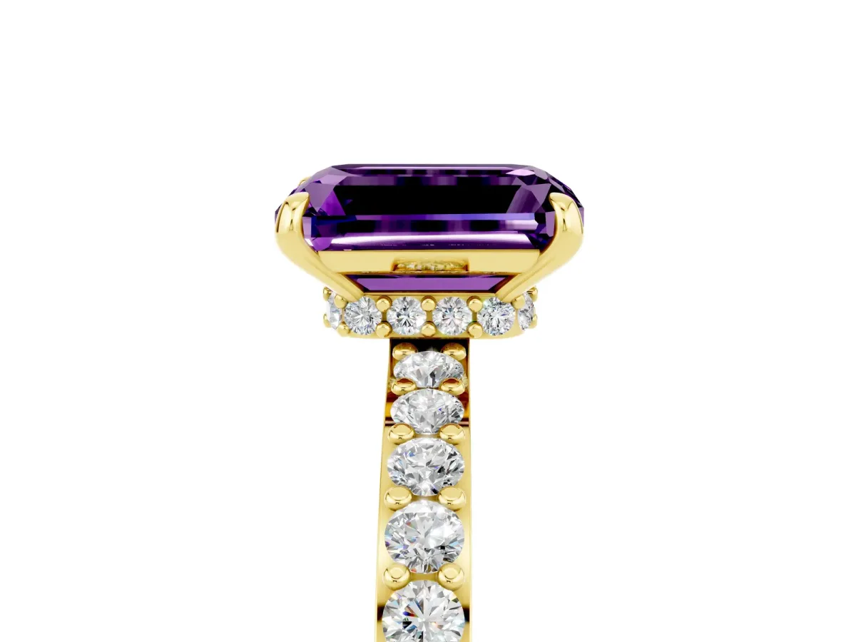 Emerald Cut Amethyst Solitaire Engagement Ring with Pavé Band and Four-Prong Setting Yellow gold