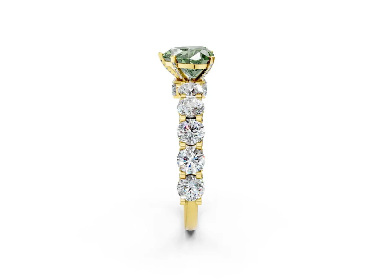 Fancy Green Heart Cut Diamond Side Stone Engagement Ring with Four-Prong Setting Yellow gold