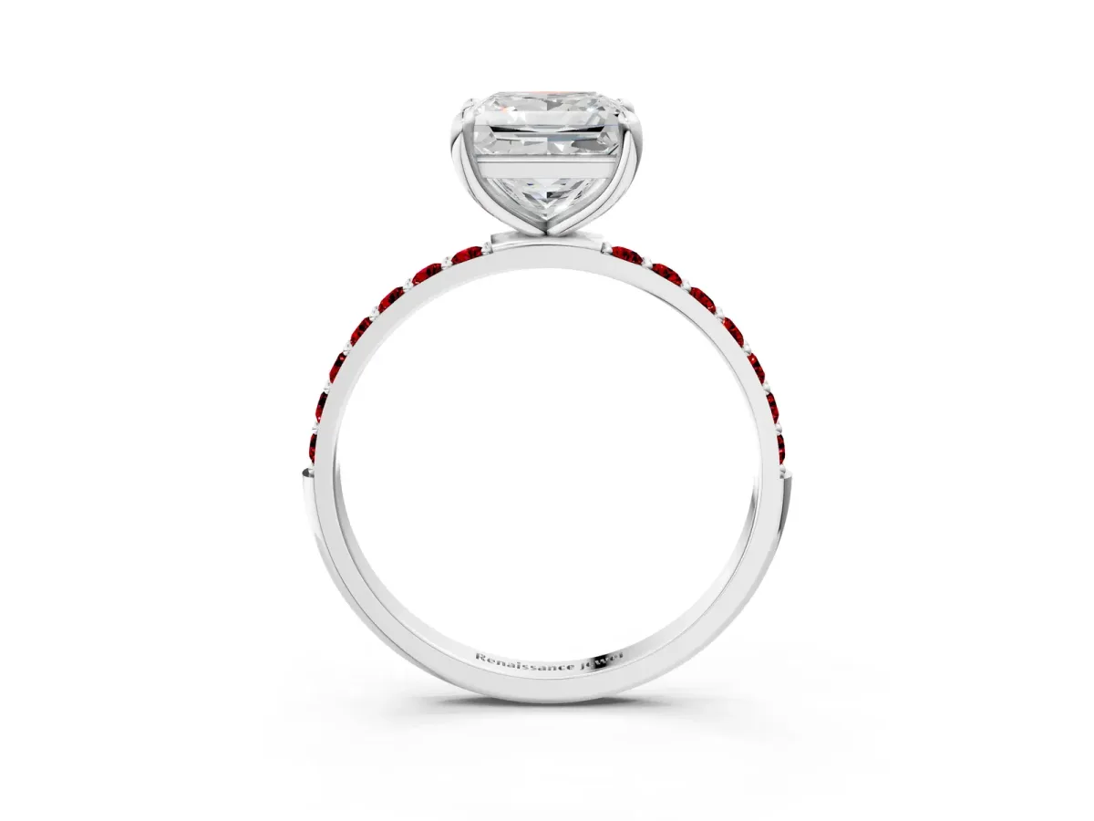Princess Cut Diamond Solitaire Ring with Round Ruby Pavé Band and Prong Setting Platinum