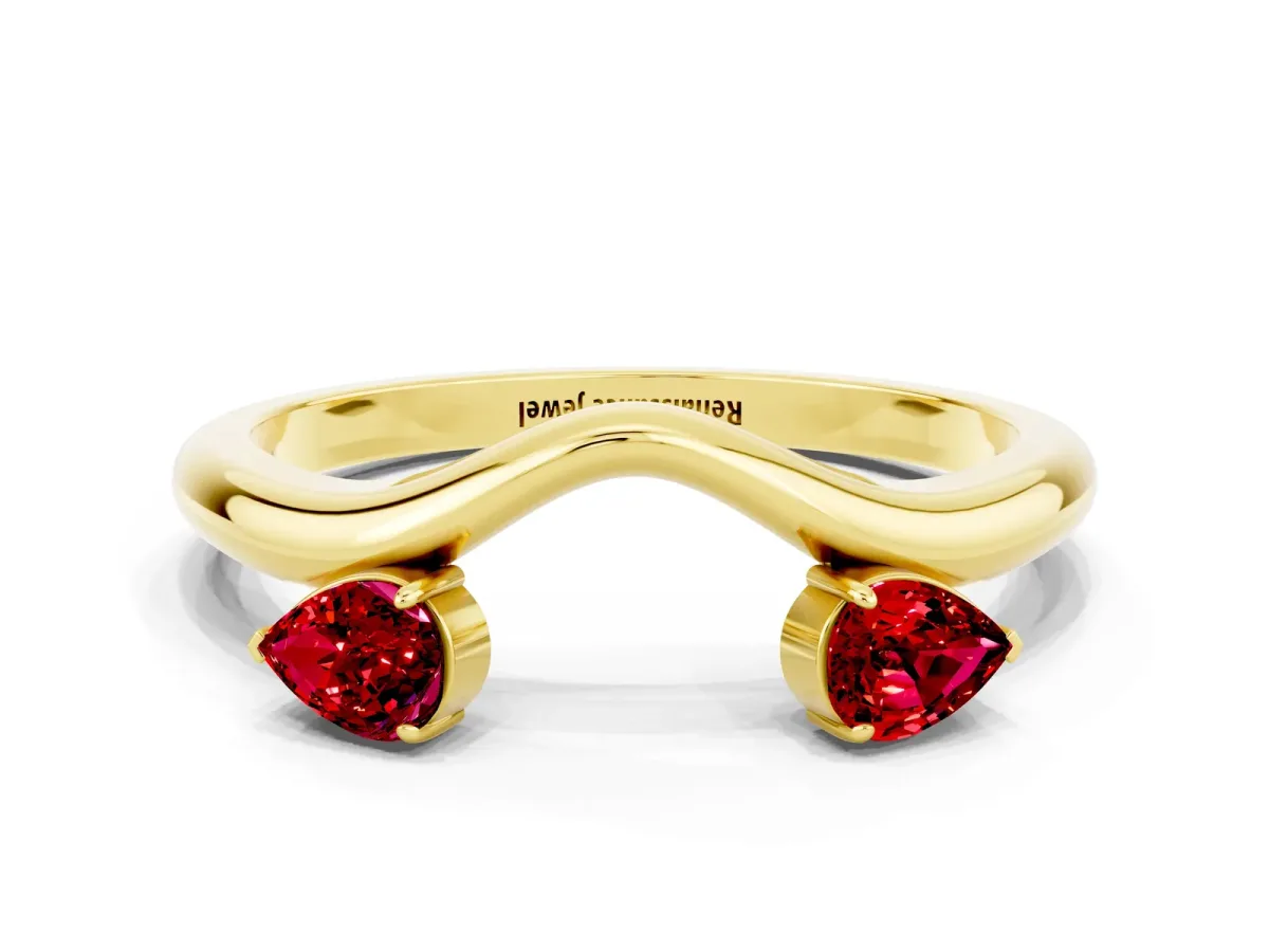 Pear Cut Ruby Two-Stone Open Band Ring with Prong Setting Yellow gold