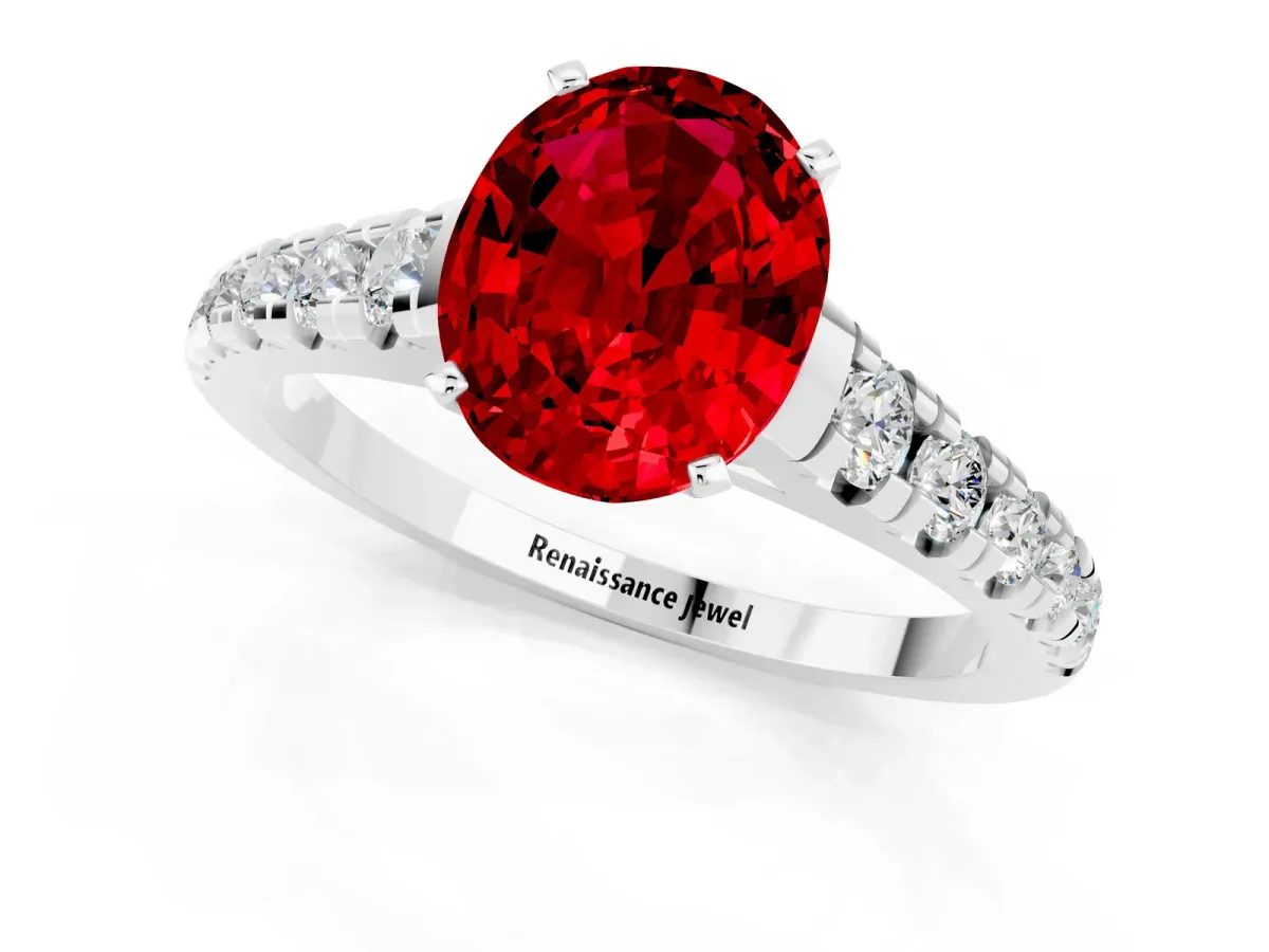 Oval Cut Ruby Cathedral Solitaire Ring with Round Pavé Band White gold
