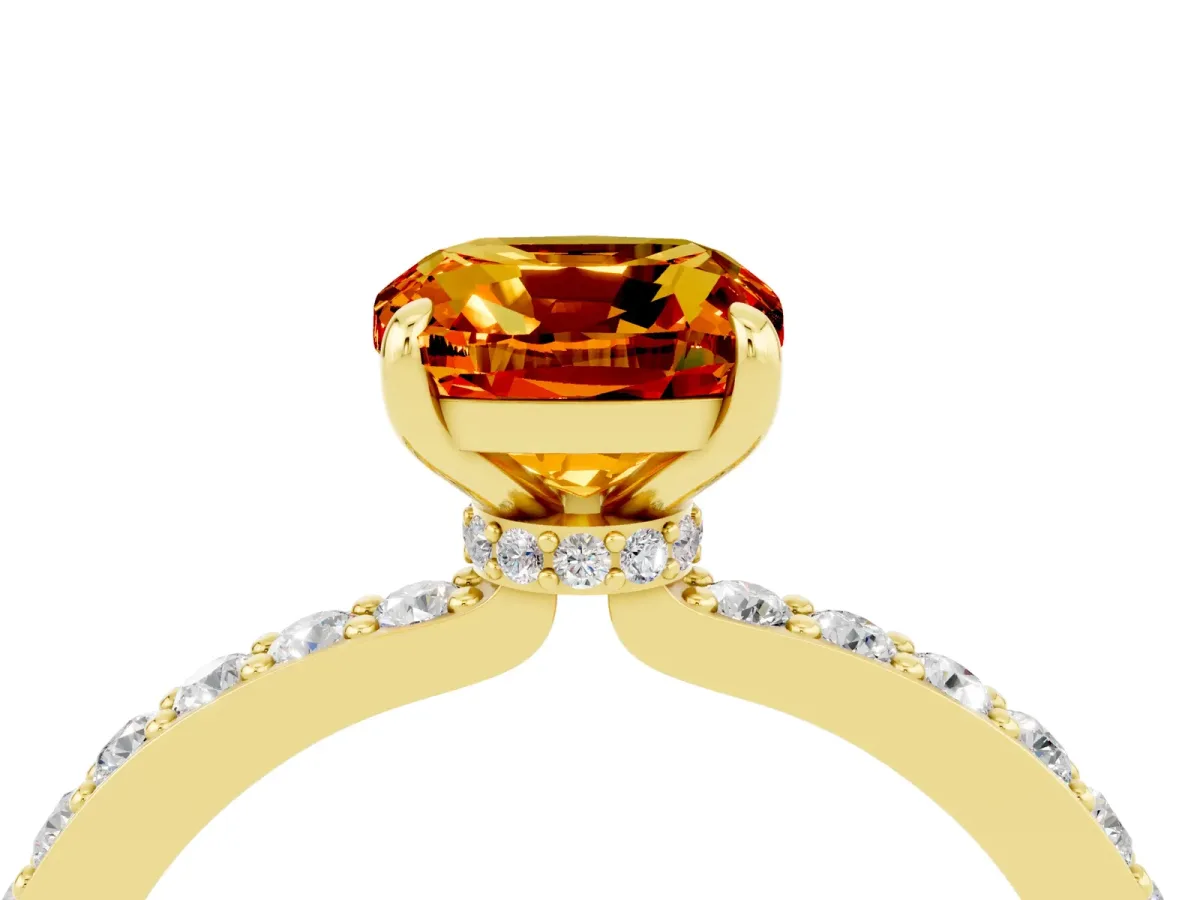 Cushion Cut Citrine Solitaire Engagement Ring with Pavé Band and Four-Prong Setting Yellow gold