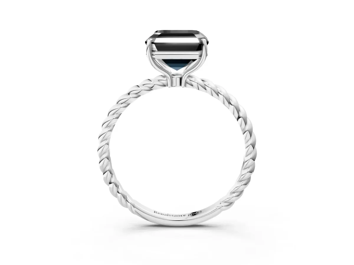 Fancy Black Asscher Cut Solitaire Twisted Band 4-Prong Ring Platinum