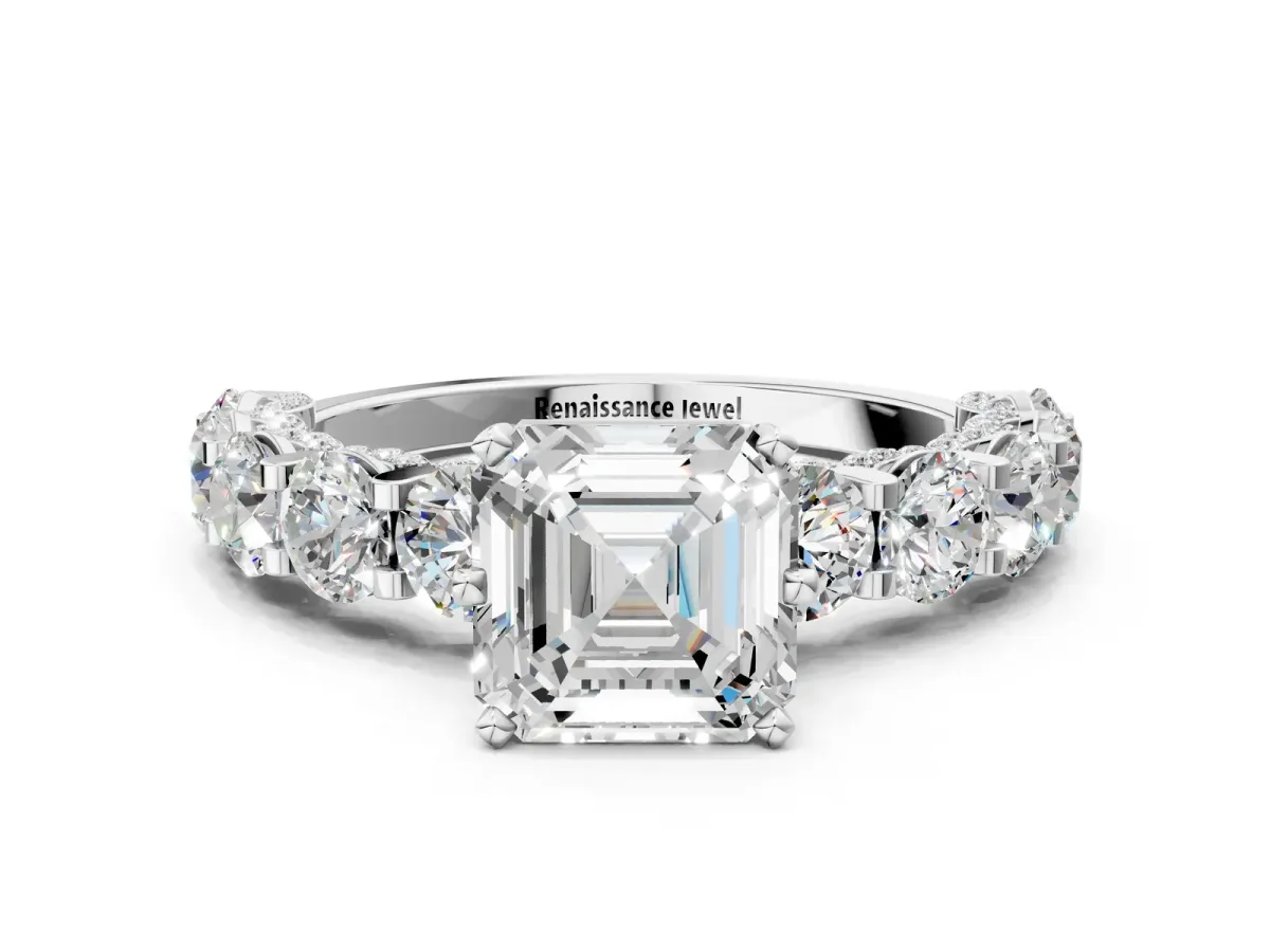 Asscher Cut Diamond Side Stone Engagement Ring with Four-Prong Setting White gold